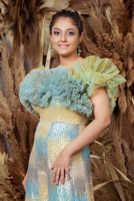 Buy Ellemora Fashions Multi Color Imported Net Ruffle Delight Detailed Jumpsuit Online at Aza Fashions Buy_Ellemora Fashions_Multi Color Imported Net Ruffle Delight Detailed Jumpsuit_Online_at_Aza_Fashions