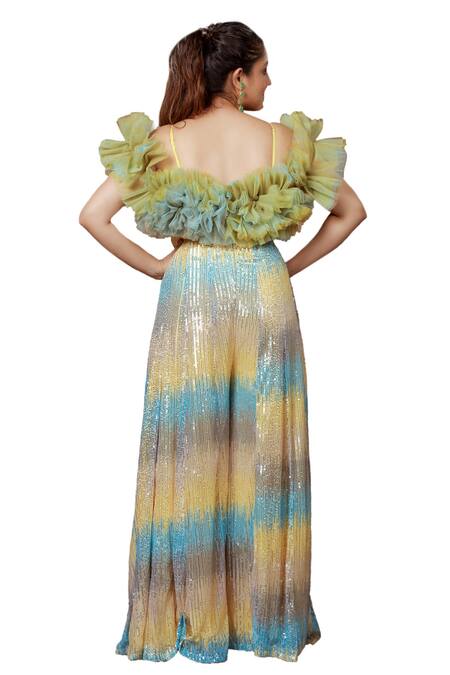 Shop Ellemora Fashions Multi Color Imported Net Ruffle Delight Detailed Jumpsuit Online at Aza Fashions Shop_Ellemora Fashions_Multi Color Imported Net Ruffle Delight Detailed Jumpsuit_Online_at_Aza_Fashions