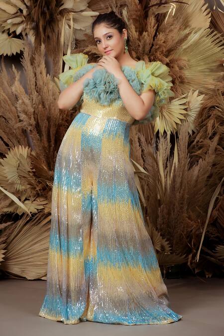 Ellemora Fashions Multi Color Imported Net Ruffle Delight Detailed Jumpsuit at Aza Fashions Ellemora Fashions_Multi Color Imported Net Ruffle Delight Detailed Jumpsuit_at_Aza_Fashions