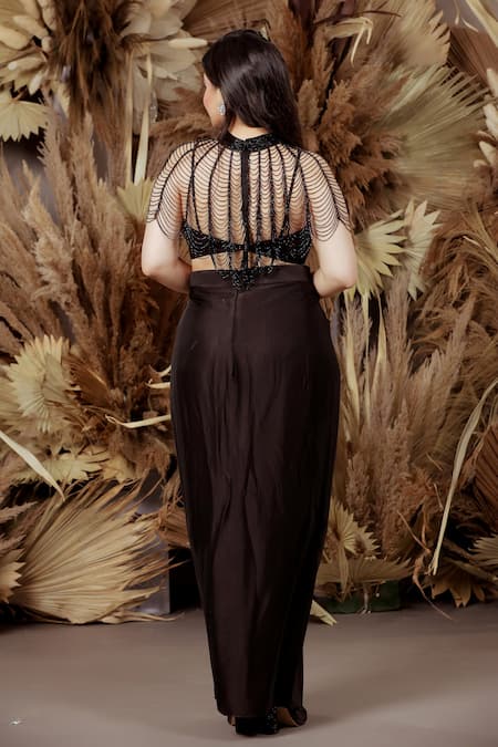 Shop_Ellemora Fashions_Black Upada Embellished Cutdana Blouse Plunge Twilight Draped Skirt With Cape _at_Aza_Fashions