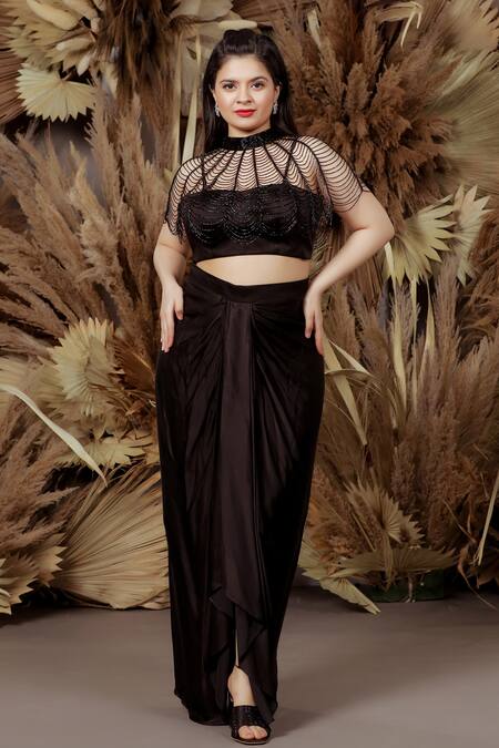 Ellemora Fashions_Black Upada Embellished Cutdana Blouse Plunge Twilight Draped Skirt With Cape _Online_at_Aza_Fashions