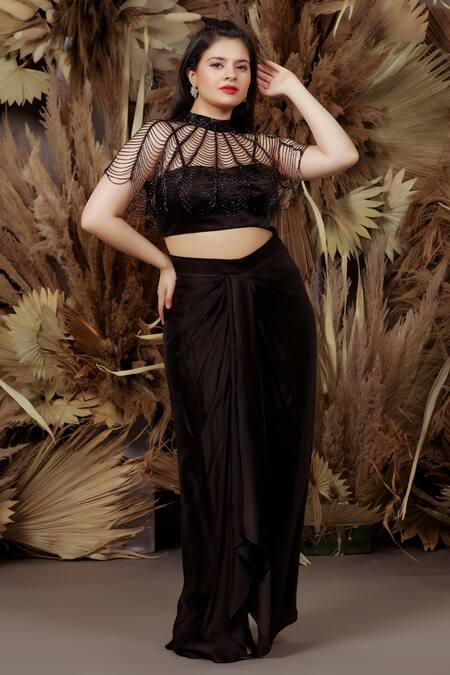 Buy_Ellemora Fashions_Black Upada Embellished Cutdana Blouse Plunge Twilight Draped Skirt With Cape _Online_at_Aza_Fashions