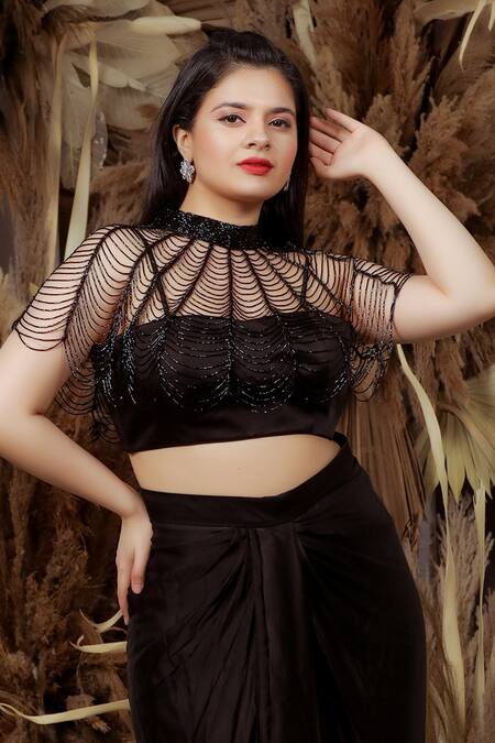 Shop_Ellemora Fashions_Black Upada Embellished Cutdana Blouse Plunge Twilight Draped Skirt With Cape _Online_at_Aza_Fashions