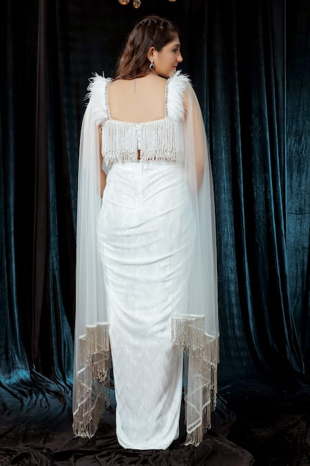 Shop_Ellemora Fashions_White Upada Cut-dana Square Feathered Embellished Blouse With Draped Skirt _at_Aza_Fashions