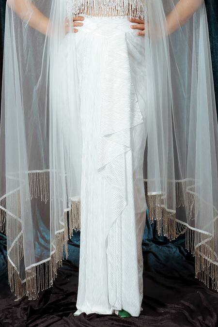 Ellemora Fashions White Upada Cut-dana Square Feathered Embellished Blouse With Draped Skirt Online at Aza Fashions Ellemora Fashions_White Upada Cut-dana Square Feathered Embellished Blouse With Draped Skirt _Online_at_Aza_Fashions