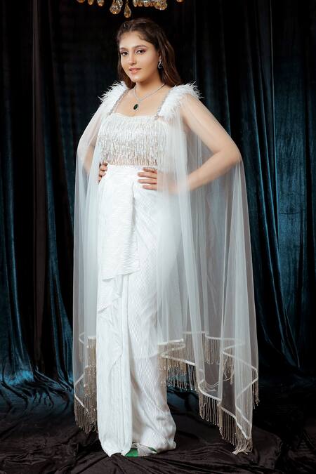 Shop_Ellemora Fashions_White Upada Cut-dana Square Feathered Embellished Blouse With Draped Skirt _Online_at_Aza_Fashions