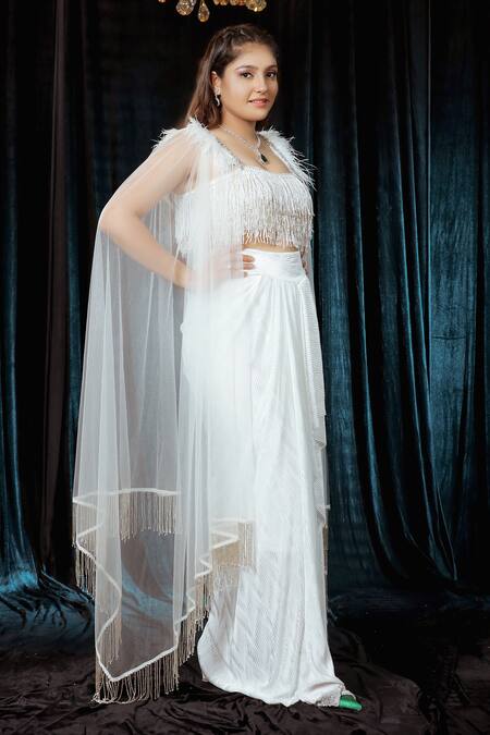 Ellemora Fashions_White Upada Cut-dana Square Feathered Embellished Blouse With Draped Skirt _at_Aza_Fashions