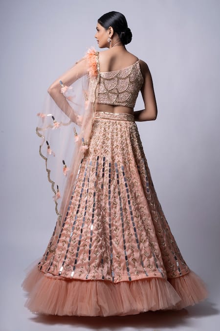 Shop Ellemora Fashions Peach Satin, Net, Silk Mirrors, Feathers Mirage Embroidered Lehenga With Blouse at Aza Fashions Shop_Ellemora Fashions_Peach Satin, Net, Silk Mirrors, Feathers Mirage Embroidered Lehenga With Blouse _at_Aza_Fashions