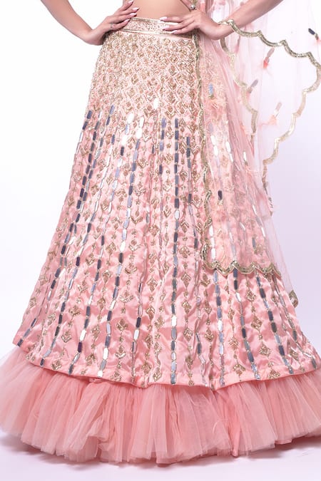 Ellemora Fashions Peach Satin, Net, Silk Mirrors, Feathers Mirage Embroidered Lehenga With Blouse Online at Aza Fashions Ellemora Fashions_Peach Satin, Net, Silk Mirrors, Feathers Mirage Embroidered Lehenga With Blouse _Online_at_Aza_Fashions