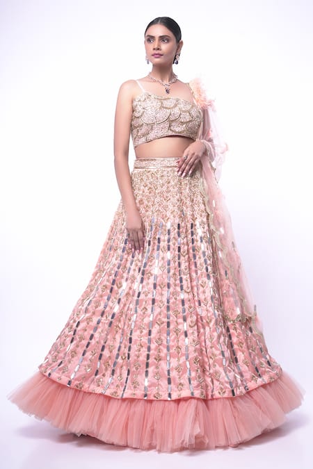 Buy Ellemora Fashions Peach Satin, Net, Silk Mirrors, Feathers Mirage Embroidered Lehenga With Blouse Online at Aza Fashions Buy_Ellemora Fashions_Peach Satin, Net, Silk Mirrors, Feathers Mirage Embroidered Lehenga With Blouse _Online_at_Aza_Fashions