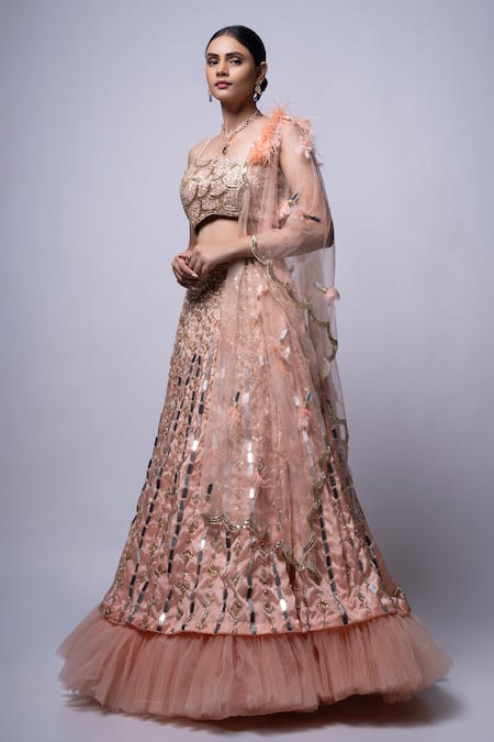 Shop Ellemora Fashions Peach Satin, Net, Silk Mirrors, Feathers Mirage Embroidered Lehenga With Blouse Online at Aza Fashions Shop_Ellemora Fashions_Peach Satin, Net, Silk Mirrors, Feathers Mirage Embroidered Lehenga With Blouse _Online_at_Aza_Fashions