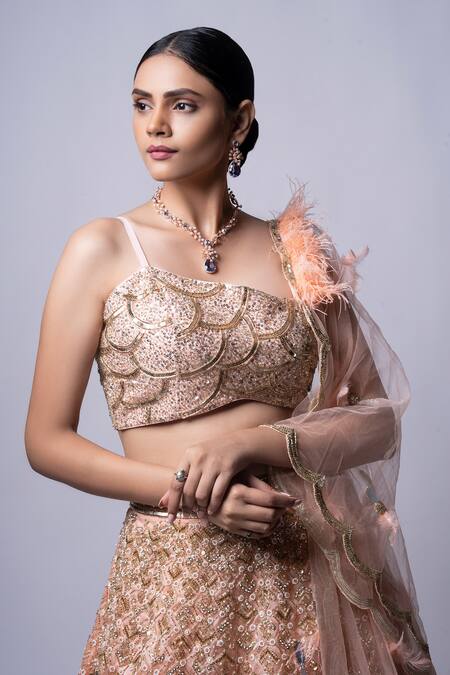 Ellemora Fashions Peach Satin, Net, Silk Mirrors, Feathers Mirage Embroidered Lehenga With Blouse at Aza Fashions Ellemora Fashions_Peach Satin, Net, Silk Mirrors, Feathers Mirage Embroidered Lehenga With Blouse _at_Aza_Fashions