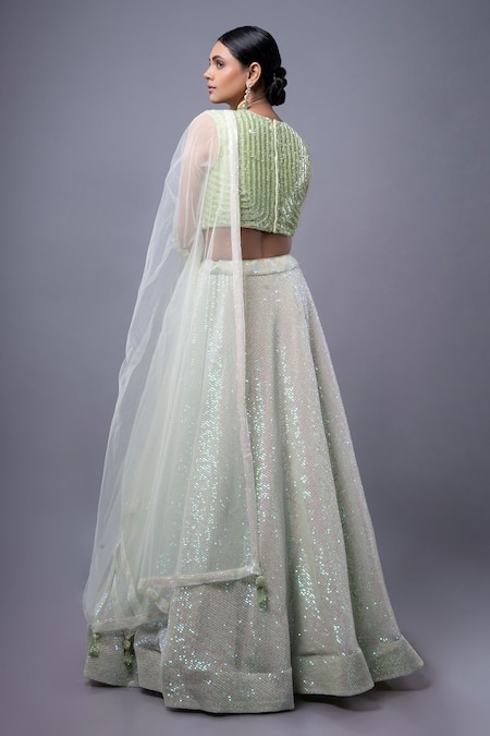 Shop_Ellemora Fashions_Green Net Embroidery, Sequins High Neck Elegance Lehenga Set _at_Aza_Fashions