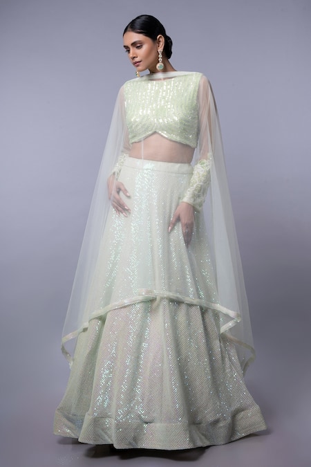 Ellemora Fashions_Green Net Embroidery, Sequins High Neck Elegance Lehenga Set _Online_at_Aza_Fashions