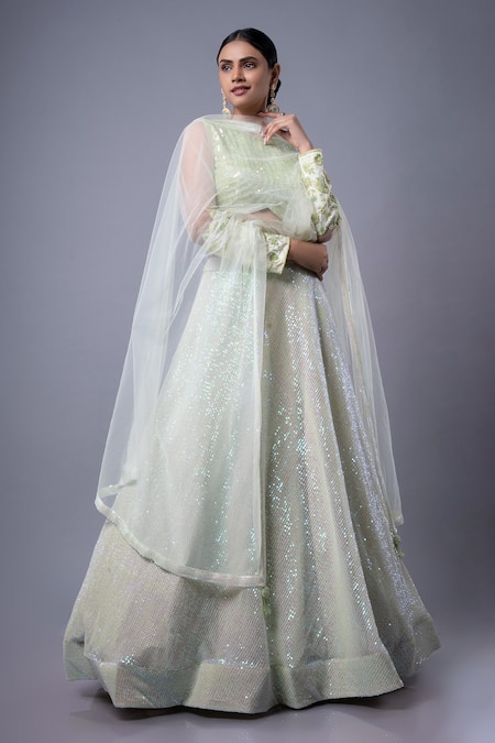 Buy_Ellemora Fashions_Green Net Embroidery, Sequins High Neck Elegance Lehenga Set _Online_at_Aza_Fashions