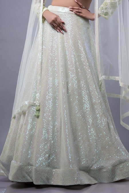 Shop_Ellemora Fashions_Green Net Embroidery, Sequins High Neck Elegance Lehenga Set _Online_at_Aza_Fashions