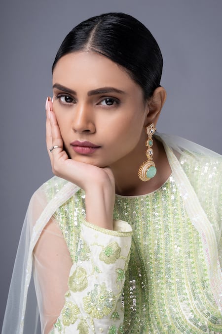 Ellemora Fashions_Green Net Embroidery, Sequins High Neck Elegance Lehenga Set _at_Aza_Fashions