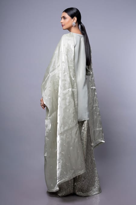 Shop_Ellemora Fashions_Green Tissue Sequins V-neck Hand Embroidered Kurta Palazzo Set _at_Aza_Fashions