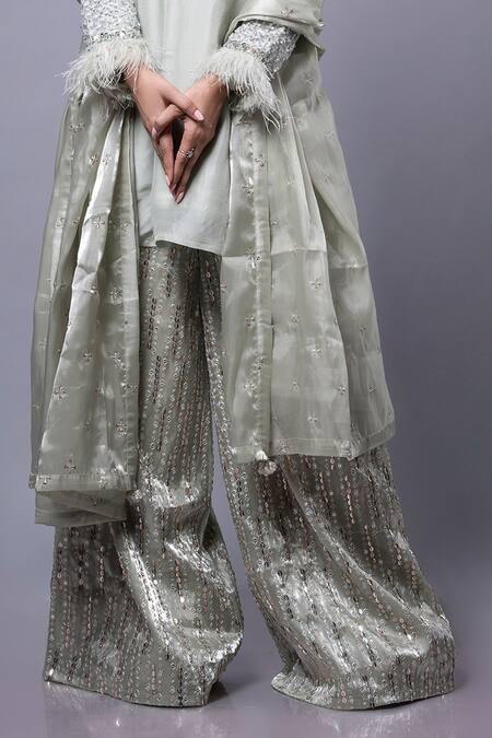 Ellemora Fashions_Green Tissue Sequins V-neck Hand Embroidered Kurta Palazzo Set _Online_at_Aza_Fashions