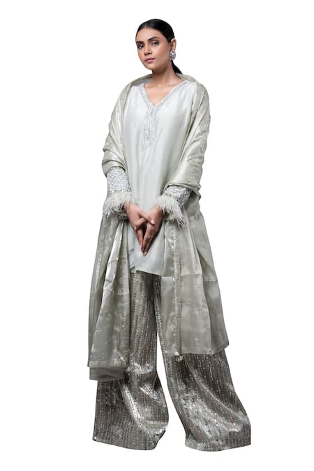 Buy_Ellemora Fashions_Green Tissue Sequins V-neck Hand Embroidered Kurta Palazzo Set _Online_at_Aza_Fashions
