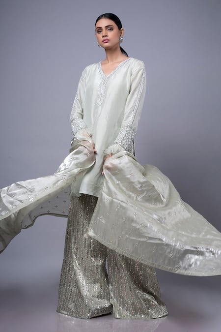 Shop_Ellemora Fashions_Green Tissue Sequins V-neck Hand Embroidered Kurta Palazzo Set _Online_at_Aza_Fashions