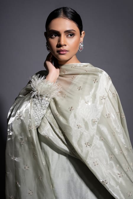 Ellemora Fashions_Green Tissue Sequins V-neck Hand Embroidered Kurta Palazzo Set _at_Aza_Fashions