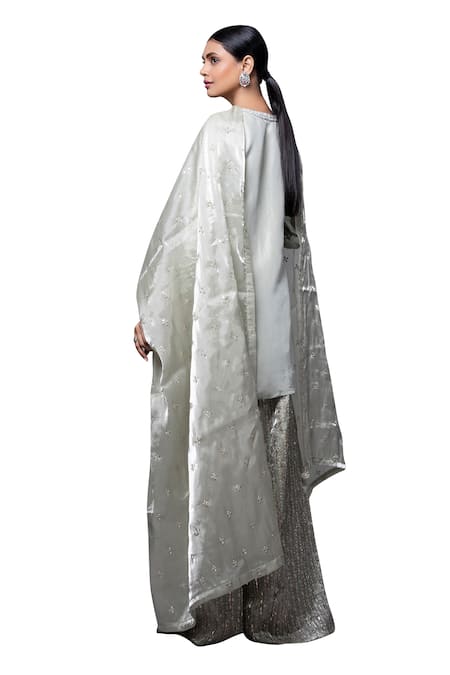 Buy_Ellemora Fashions_Green Tissue Sequins V-neck Hand Embroidered Kurta Palazzo Set 