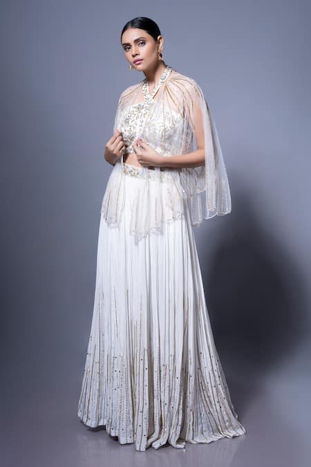 Buy_Ellemora Fashions_White Crepe Embroidery Halter Neck Blossom Palazzo Set With Cape _Online_at_Aza_Fashions