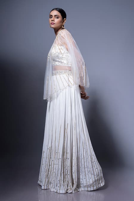 Shop_Ellemora Fashions_White Crepe Embroidery Halter Neck Blossom Palazzo Set With Cape _Online_at_Aza_Fashions