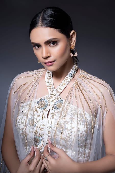 Ellemora Fashions_White Crepe Embroidery Halter Neck Blossom Palazzo Set With Cape _at_Aza_Fashions