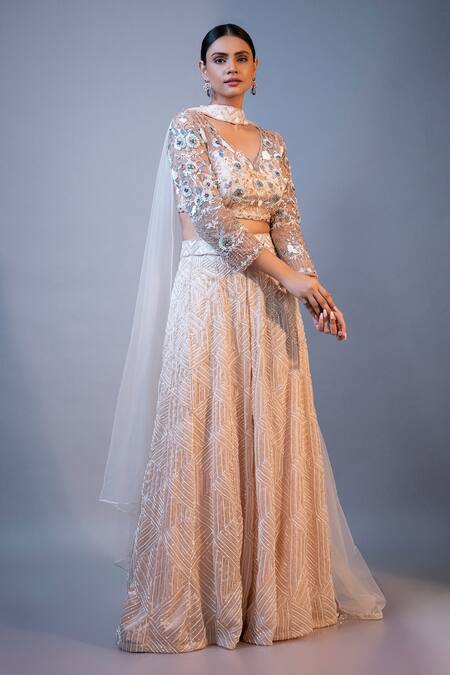 Ellemora Fashions_Ivory Net, Satin, Organza Embroidery V-neck Elegance Floral Palazzo Set _Online_at_Aza_Fashions