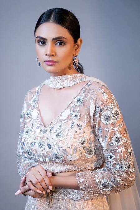 Shop_Ellemora Fashions_Ivory Net, Satin, Organza Embroidery V-neck Elegance Floral Palazzo Set _Online_at_Aza_Fashions