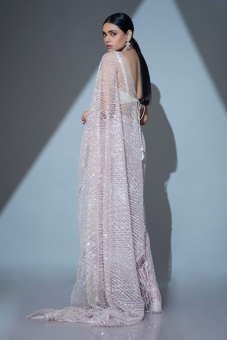 Shop Ellemora Fashions Ivory Net Cut Work Plunge Bloom Cutdana Embroidered Pre-draped Saree With Blouse at Aza Fashions Shop_Ellemora Fashions_Ivory Net Cut Work Plunge Bloom Cutdana Embroidered Pre-draped Saree With Blouse _at_Aza_Fashions