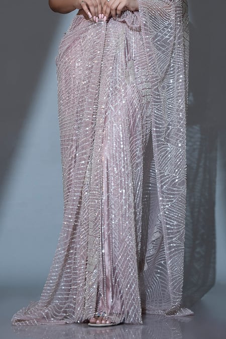 Ellemora Fashions Ivory Net Cut Work Plunge Bloom Cutdana Embroidered Pre-draped Saree With Blouse Online at Aza Fashions Ellemora Fashions_Ivory Net Cut Work Plunge Bloom Cutdana Embroidered Pre-draped Saree With Blouse _Online_at_Aza_Fashions