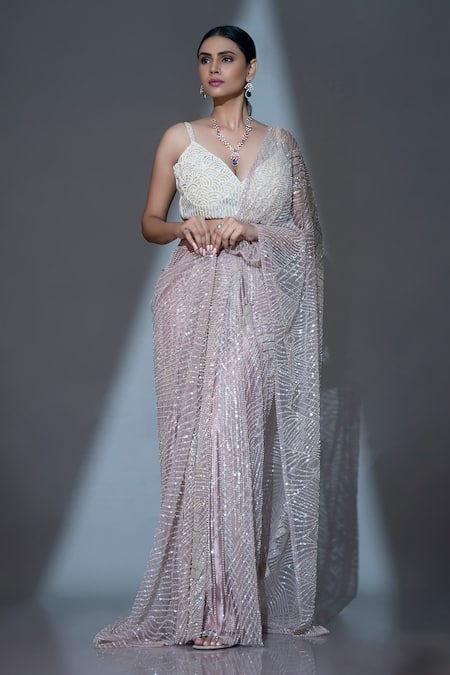 Buy Ellemora Fashions Ivory Net Cut Work Plunge Bloom Cutdana Embroidered Pre-draped Saree With Blouse Online at Aza Fashions Buy_Ellemora Fashions_Ivory Net Cut Work Plunge Bloom Cutdana Embroidered Pre-draped Saree With Blouse _Online_at_Aza_Fashions