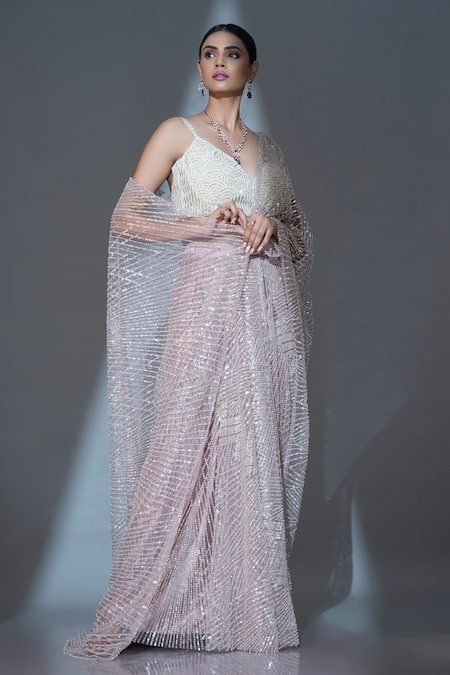 Shop Ellemora Fashions Ivory Net Cut Work Plunge Bloom Cutdana Embroidered Pre-draped Saree With Blouse Online at Aza Fashions Shop_Ellemora Fashions_Ivory Net Cut Work Plunge Bloom Cutdana Embroidered Pre-draped Saree With Blouse _Online_at_Aza_Fashions