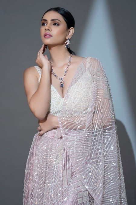 Ellemora Fashions Ivory Net Cut Work Plunge Bloom Cutdana Embroidered Pre-draped Saree With Blouse at Aza Fashions Ellemora Fashions_Ivory Net Cut Work Plunge Bloom Cutdana Embroidered Pre-draped Saree With Blouse _at_Aza_Fashions