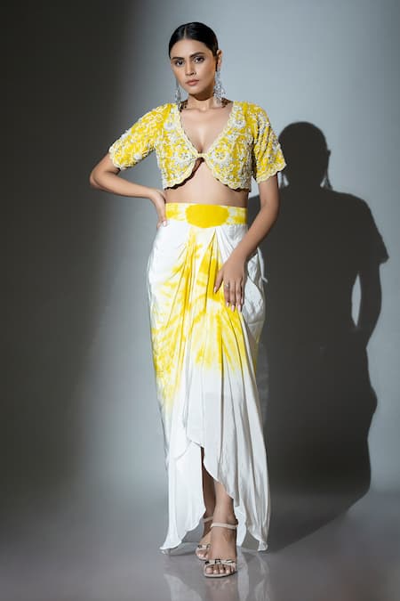 Ellemora fashions Yellow Upada Hand Embroidery Floral Plunge Sunshine Tie-dye Delight Skirt Set 