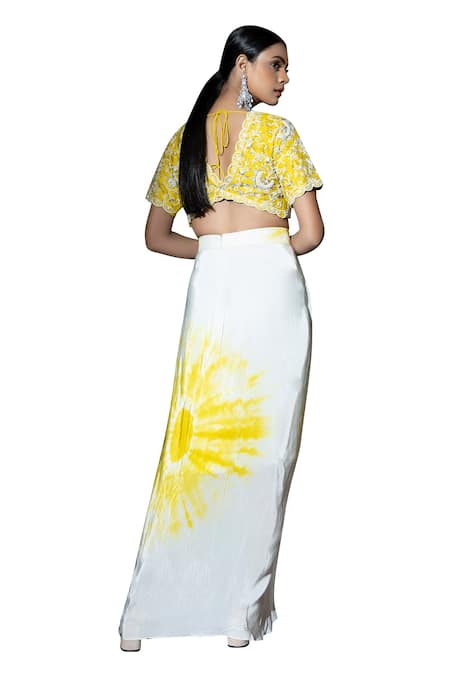 Shop_Ellemora Fashions_Yellow Upada Hand Embroidery Floral Plunge Sunshine Tie-dye Delight Skirt Set 