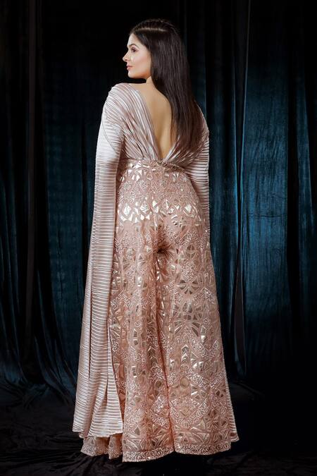 Shop Ellemora Fashions Beige Organza Hand Embroidered Gota Patti V Neck Jumpsuit at Aza Fashions Shop_Ellemora Fashions_Beige Organza Hand Embroidered Gota Patti V Neck Jumpsuit_at_Aza_Fashions