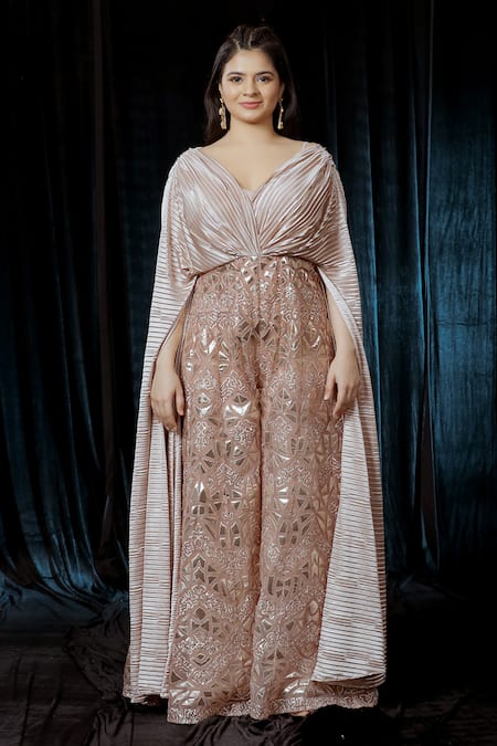 Ellemora Fashions Beige Organza Hand Embroidered Gota Patti V Neck Jumpsuit Online at Aza Fashions Ellemora Fashions_Beige Organza Hand Embroidered Gota Patti V Neck Jumpsuit_Online_at_Aza_Fashions