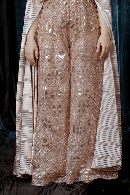 Shop Ellemora Fashions Beige Organza Hand Embroidered Gota Patti V Neck Jumpsuit Online at Aza Fashions Shop_Ellemora Fashions_Beige Organza Hand Embroidered Gota Patti V Neck Jumpsuit_Online_at_Aza_Fashions