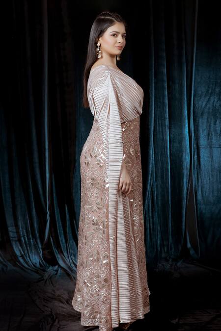 Ellemora Fashions Beige Organza Hand Embroidered Gota Patti V Neck Jumpsuit at Aza Fashions Ellemora Fashions_Beige Organza Hand Embroidered Gota Patti V Neck Jumpsuit_at_Aza_Fashions