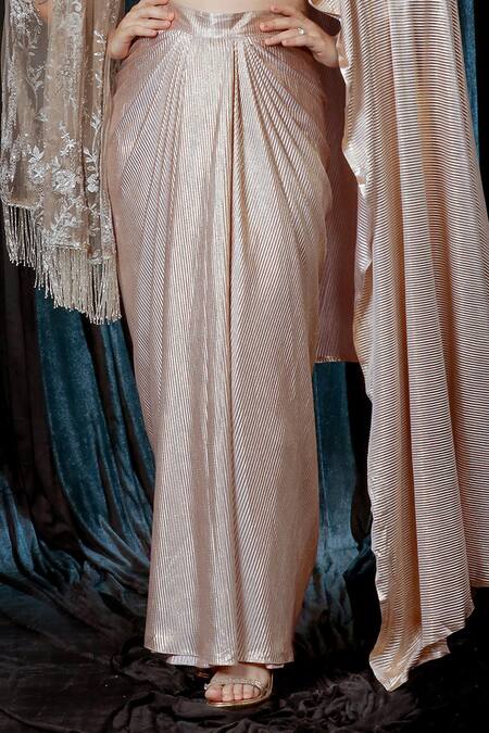 Ellemora Fashions_Gold Net Sequins, Cut Work V-neck Rosy Embroidered Blouse And Skirt Set_Online_at_Aza_Fashions