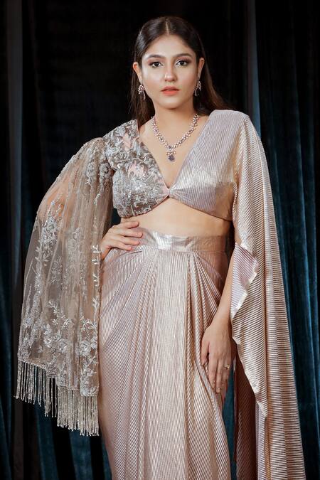 Buy_Ellemora Fashions_Gold Net Sequins, Cut Work V-neck Rosy Embroidered Blouse And Skirt Set_Online_at_Aza_Fashions