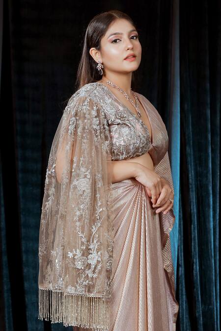 Shop_Ellemora Fashions_Gold Net Sequins, Cut Work V-neck Rosy Embroidered Blouse And Skirt Set_Online_at_Aza_Fashions