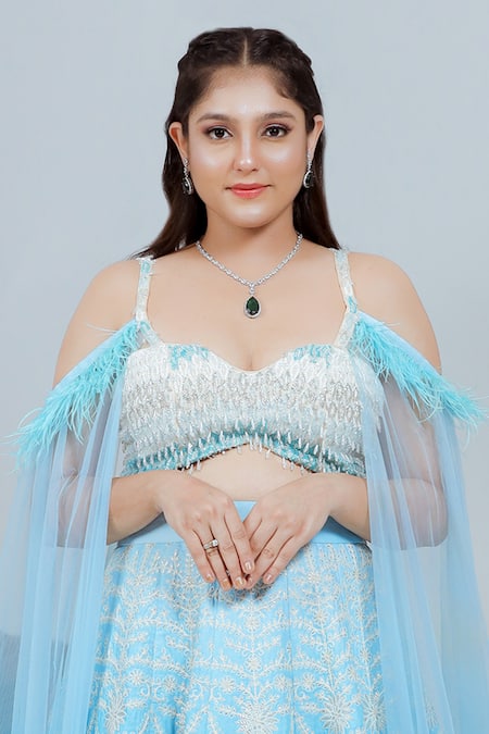 Ellemora Fashions_Blue Net Sequins, Crystals, Pearls Bliss Hand Embroidered Blouse And Lehenga Set_Online_at_Aza_Fashions