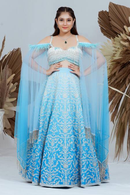 Buy_Ellemora Fashions_Blue Net Sequins, Crystals, Pearls Bliss Hand Embroidered Blouse And Lehenga Set_Online_at_Aza_Fashions