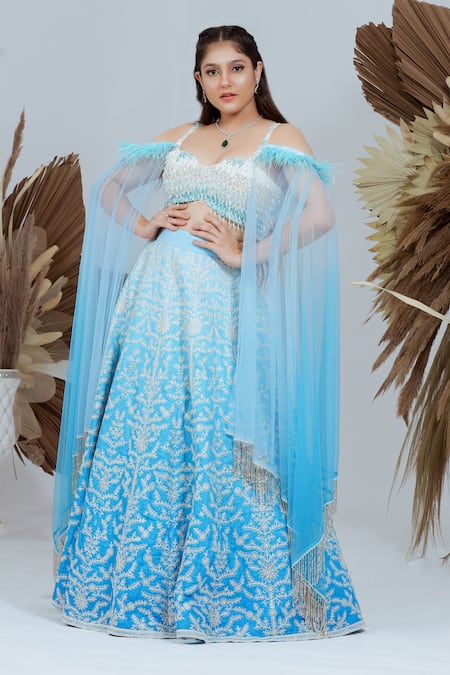Ellemora Fashions_Blue Net Sequins, Crystals, Pearls Bliss Hand Embroidered Blouse And Lehenga Set_at_Aza_Fashions