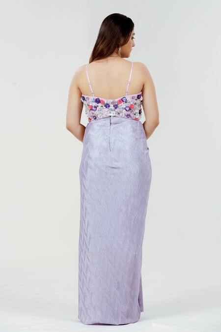 Shop_Ellemora Fashions_Purple Silk, Satin Sequins, Stones Bandeau Neck lavender Pleated Skirt Set _at_Aza_Fashions